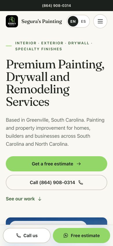 Segura’s Painting homepage at phone width